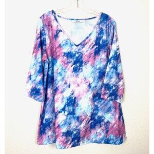 Sakurafina V-Neck Tunic Top Size XL Pink Blue Pastel Tie Dye Stretch 3/4 Sleeves